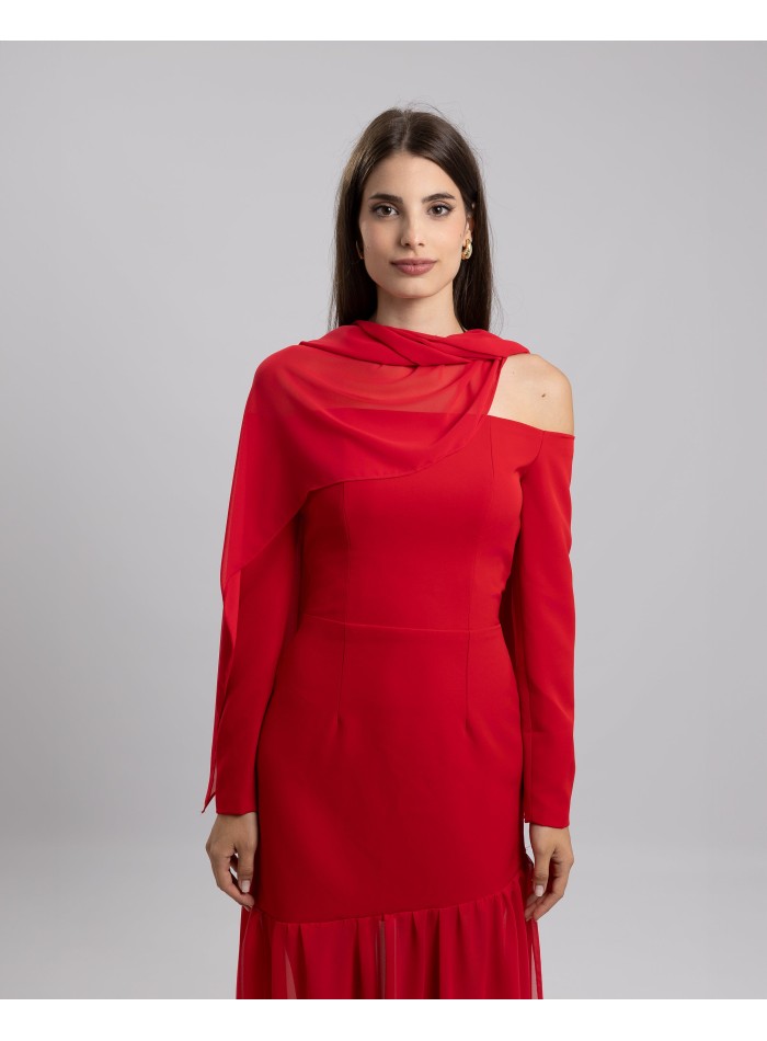 Long red party dress with bardot neckline and...