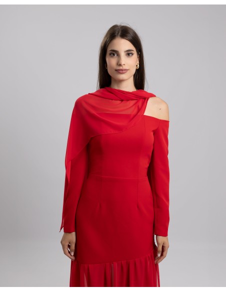 Long red party dress with bardot neckline and ruffle on the skirt