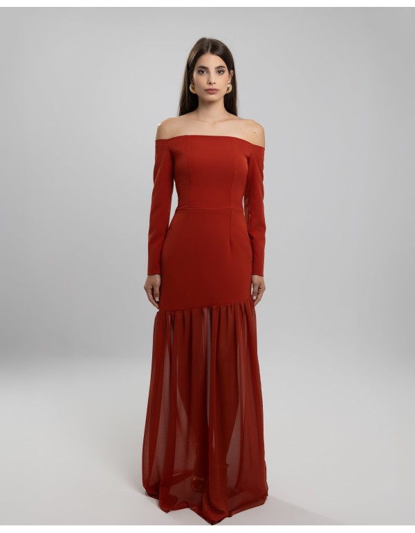 Robe longue en carreaux avec encolure bardot et jupe à...