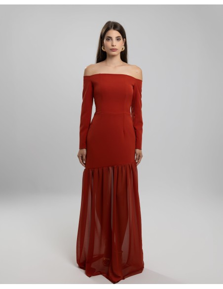 Tile long dress with bardot neckline and chiffon ruffle skirt