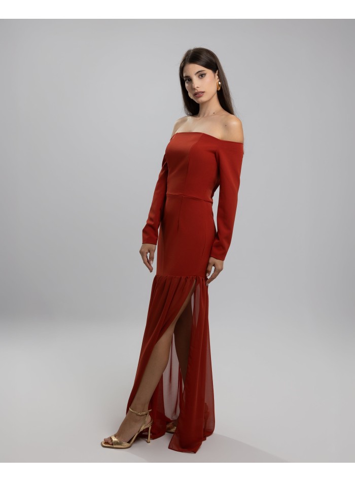 Tile long dress with bardot neckline and...