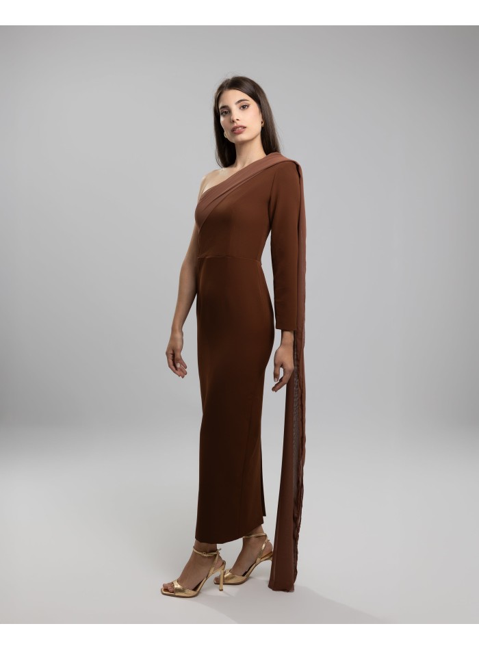 Brown midi party dress with asymmetrical neckline