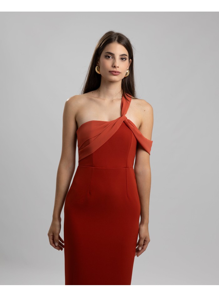 Long tile party dress with asymmetrical chiffon...