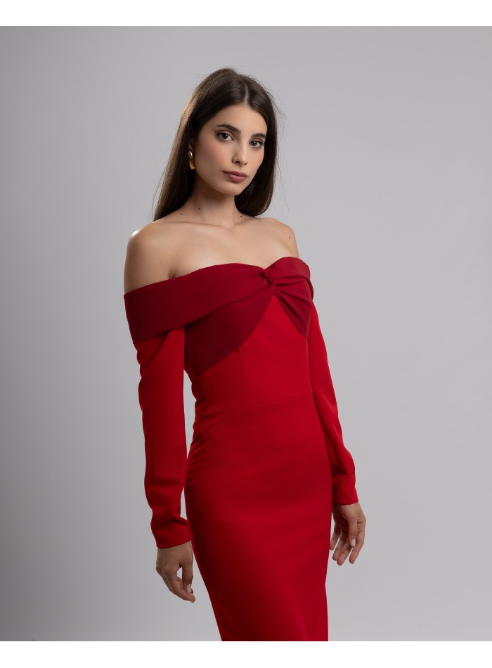 Midi party dress with bardot neckline with long sleeves