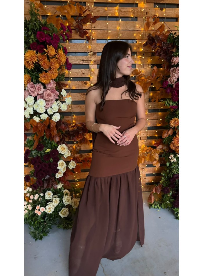 Long brown party dress with strapless neckline