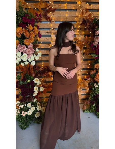 Vestido de fiesta largo marrón escote palabra de honor