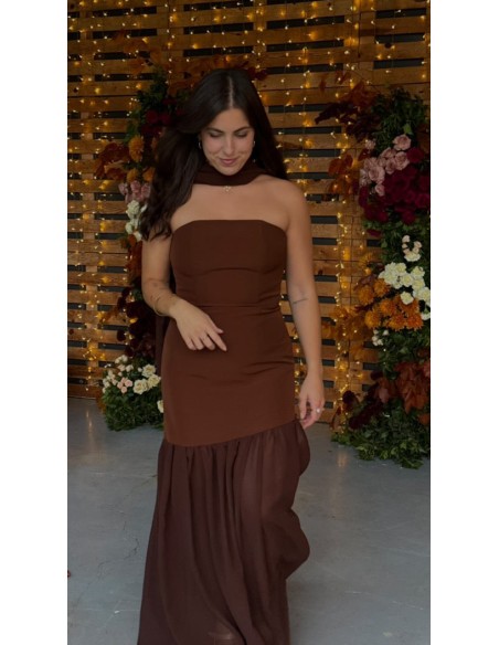 Long brown party dress with strapless neckline