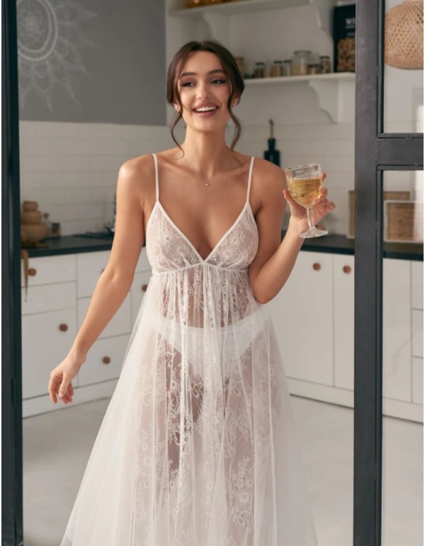 Camisón de novia marfil en gasa y encaje con tirantes 2