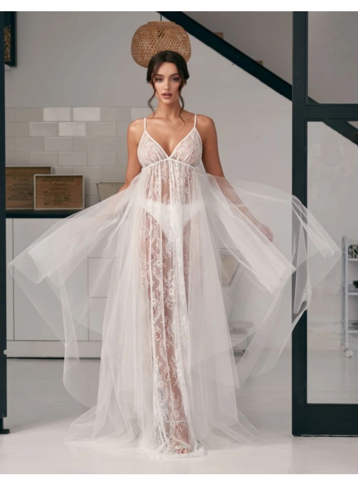 Camisón de novia marfil en gasa y encaje con...