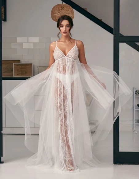 Robe de mariée en gaze et dentelle ivoire avec bretelles spaghetti