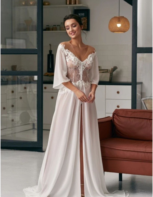 Camisón largo de novia marfil con cuerpo de encaje floral