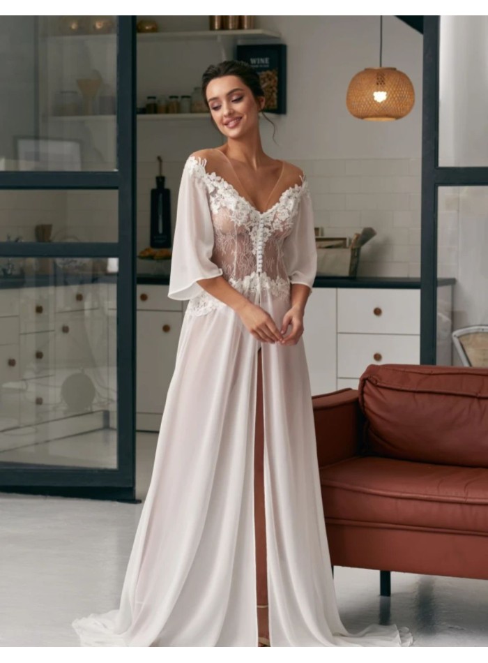 Long ivory wedding nightgown with floral lace bodice