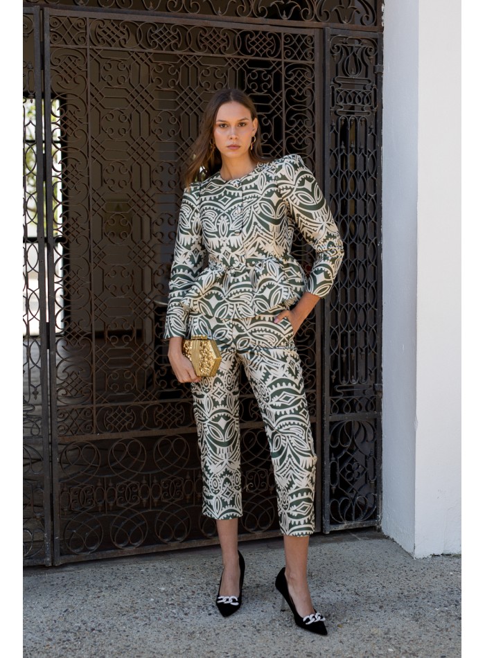 Olive green and beige printed straight pants