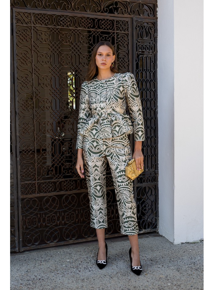 Olive green and beige printed straight pants