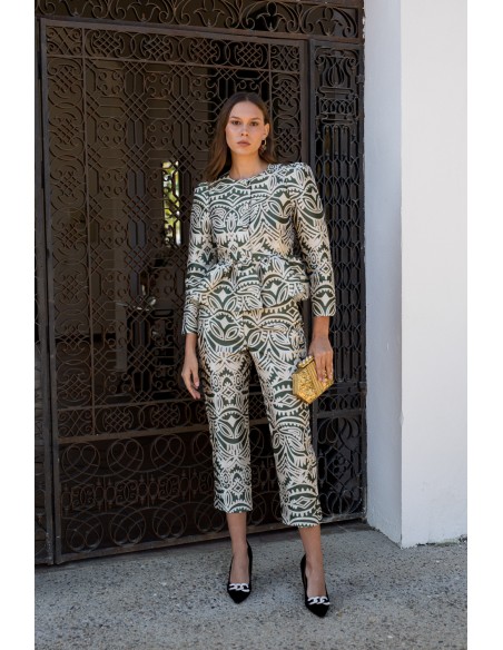 Pantalon droit imprimé vert olive et beige