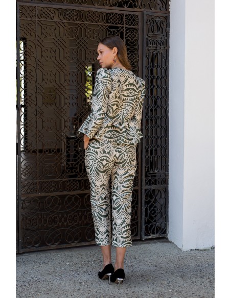 Olive green and beige printed straight pants