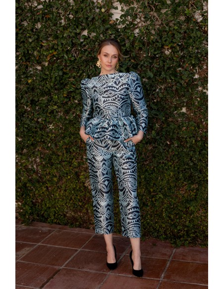 Pantalon droit croisé imprimé bleu