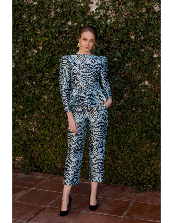 Pantalon droit croisé imprimé bleu 2