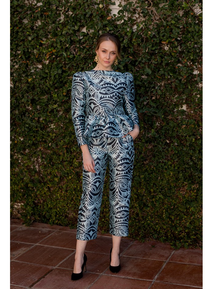 Pantalón recto cropped estampado azul