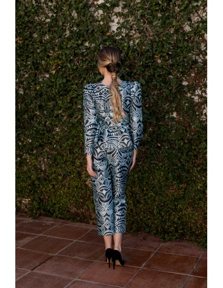 Blue printed cropped straight pants