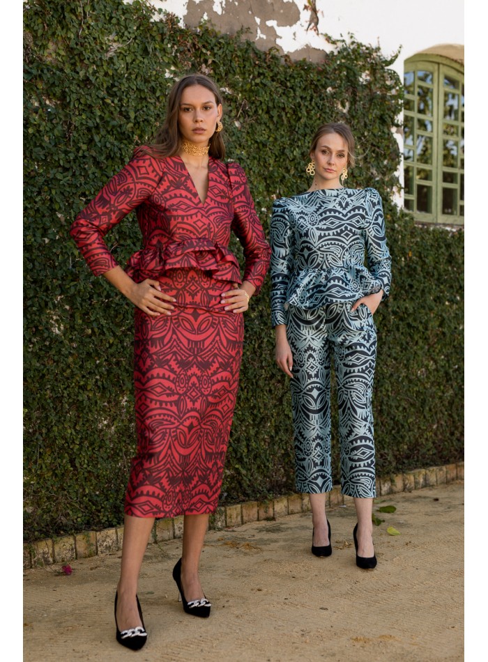 Pantalon droit croisé imprimé bleu