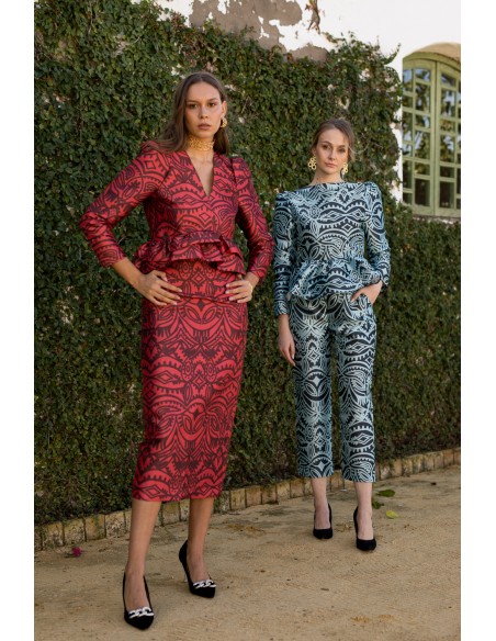 Pantalon droit croisé imprimé bleu