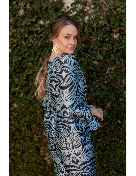 Party blouse with peplum ruffle blue print