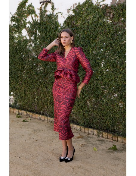 Falda lápiz estampado roja con abertura trasera