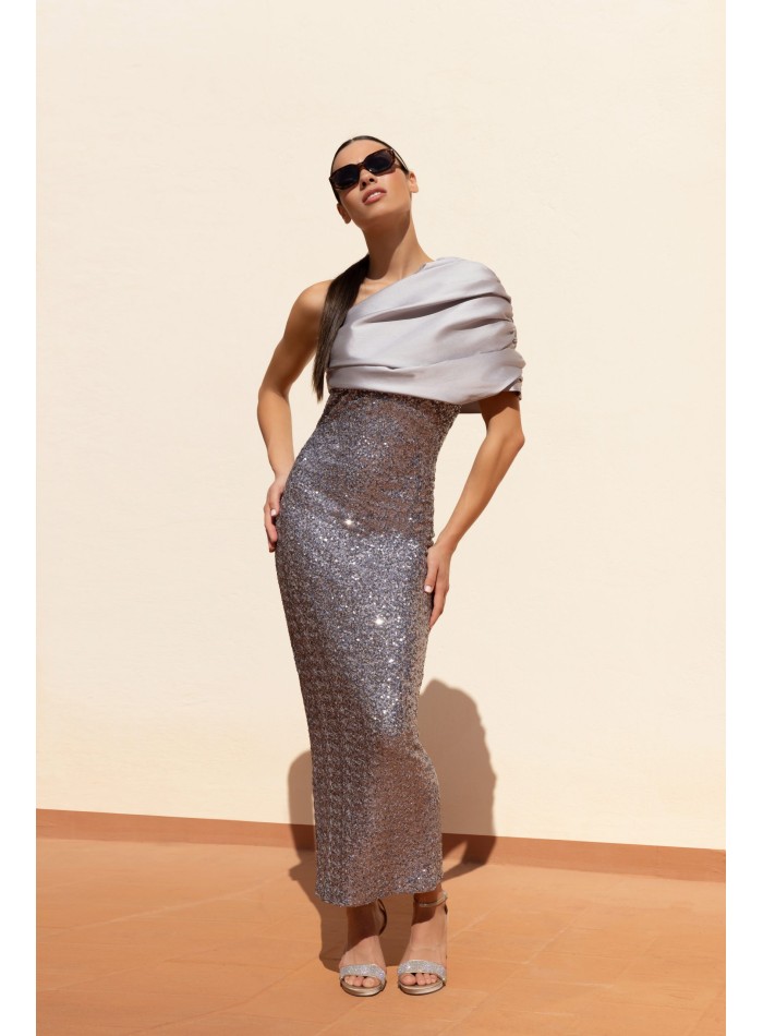 Silver sequin midi party dress with asymmetrical neckline