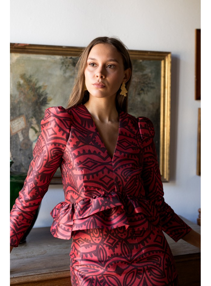 Blouse à manches bouffantes imprimée rouge et...