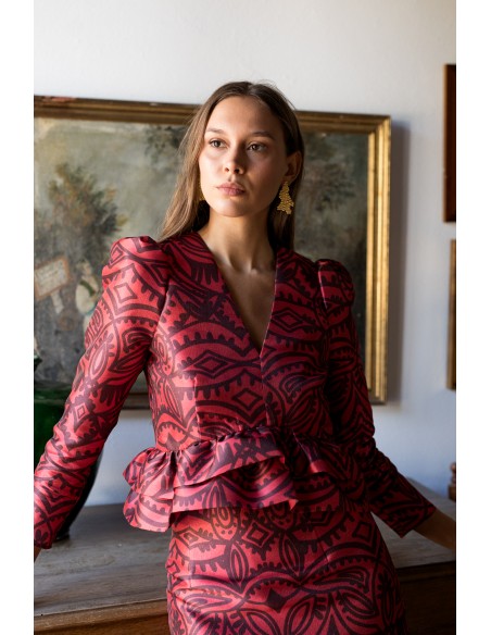 Red and burgundy print blouse with puffed sleeves