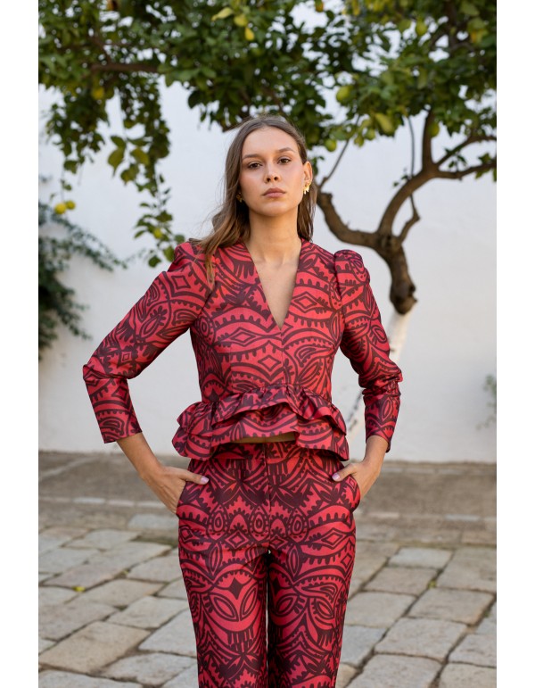 Blusa estampado rojo y burdeos con manga abullonada