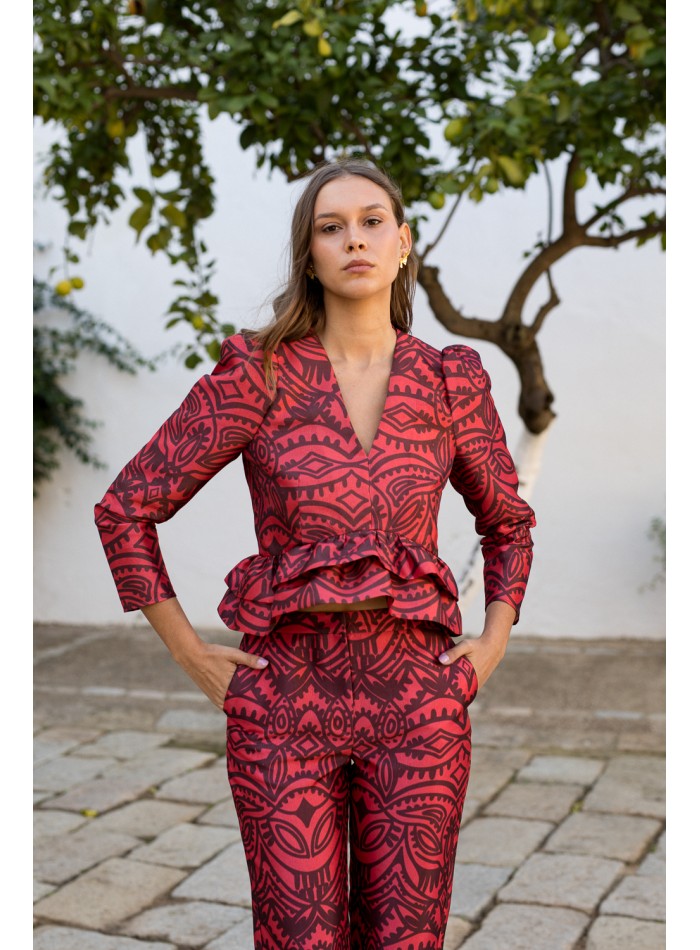 Red and burgundy print blouse with puffed sleeves