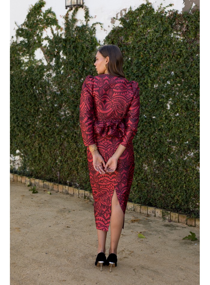 Red and burgundy print blouse with puffed sleeves