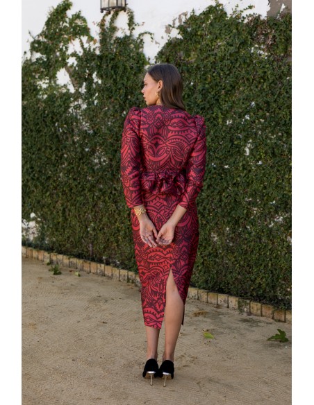Red and burgundy print blouse with puffed sleeves