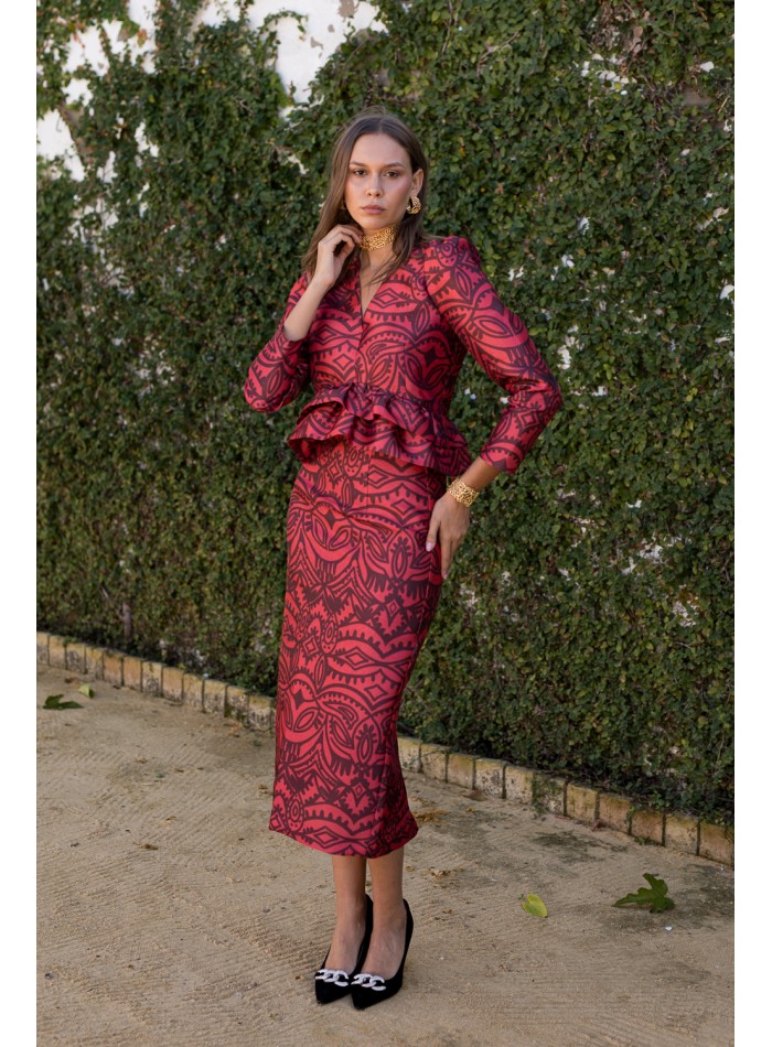 Blouse à manches bouffantes imprimée rouge et...