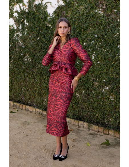 Red and burgundy print blouse with puffed sleeves