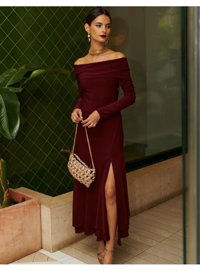 Vestido de fiesta midi con escote barco y falda...