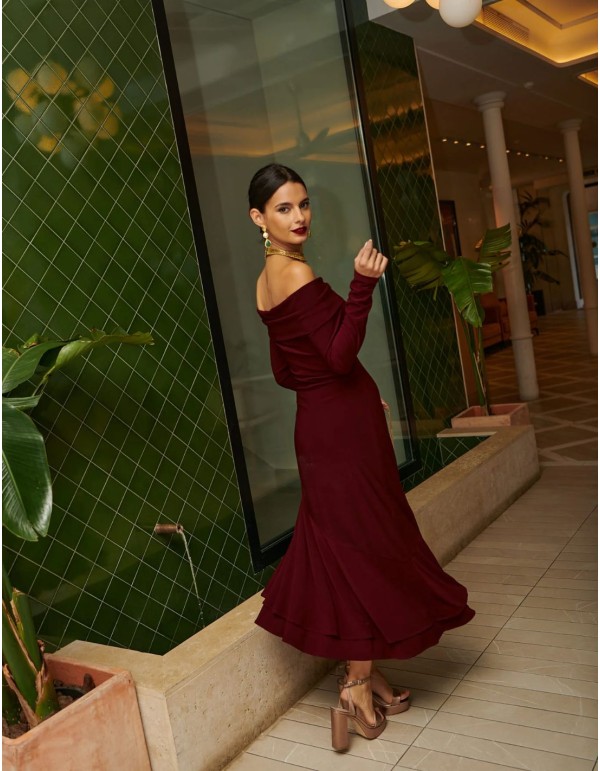 Robe de soirée midi avec encolure bateau et jupe asymétrique 2