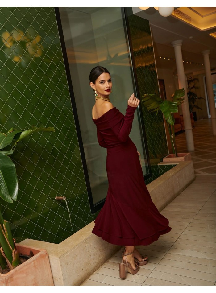 Midi party dress with boat neckline and...