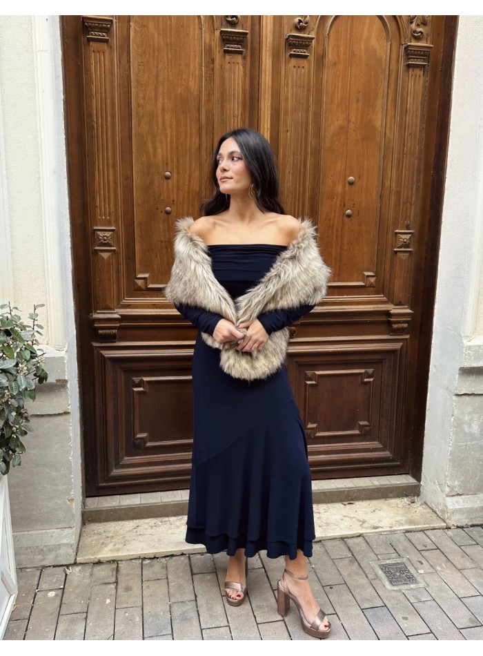 Midi party dress with boat neckline and...