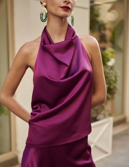 Green satin halter-necked guest top
