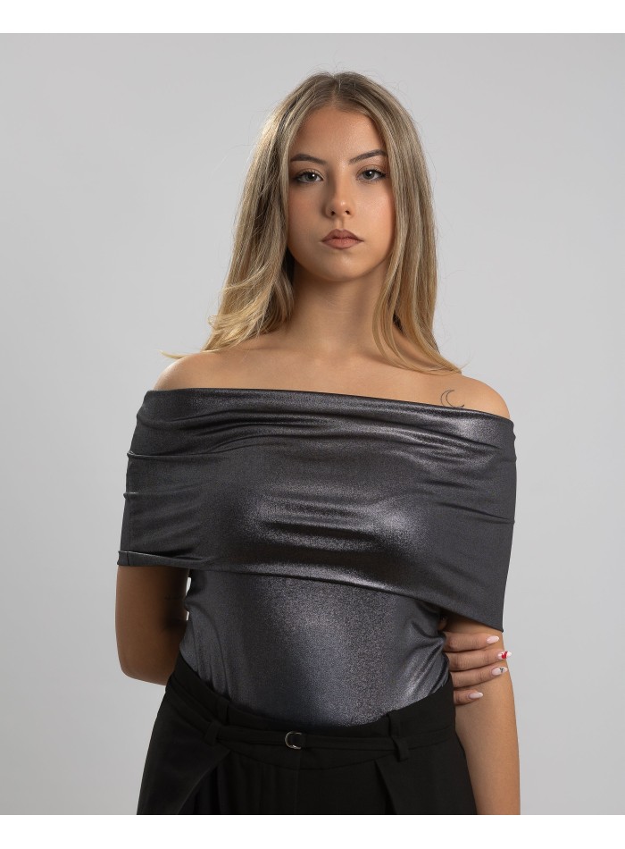 Shiny party top with bardot neckline