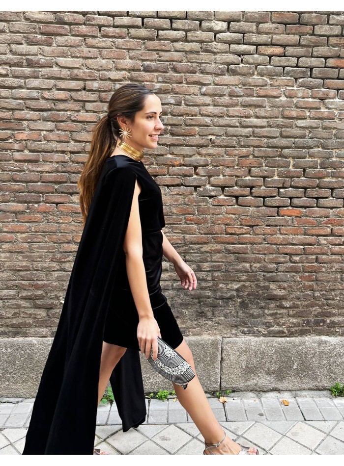 Short velvet party dress with cape sleeves black