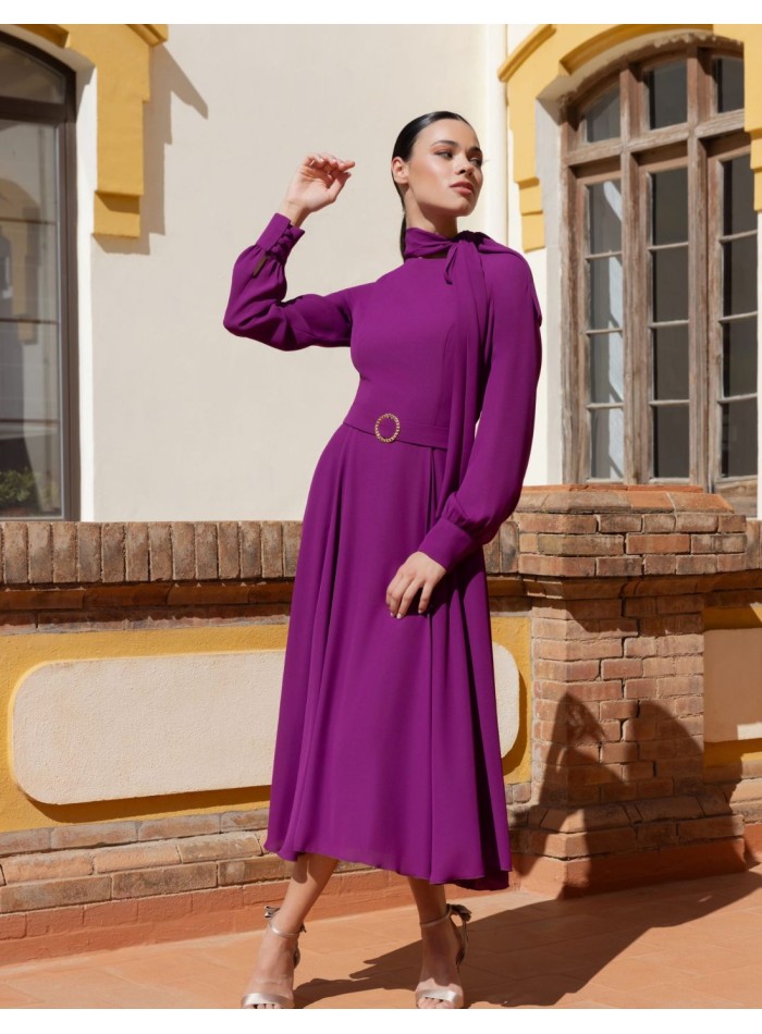 Red midi dress with long sleeves and a chiffon skirt