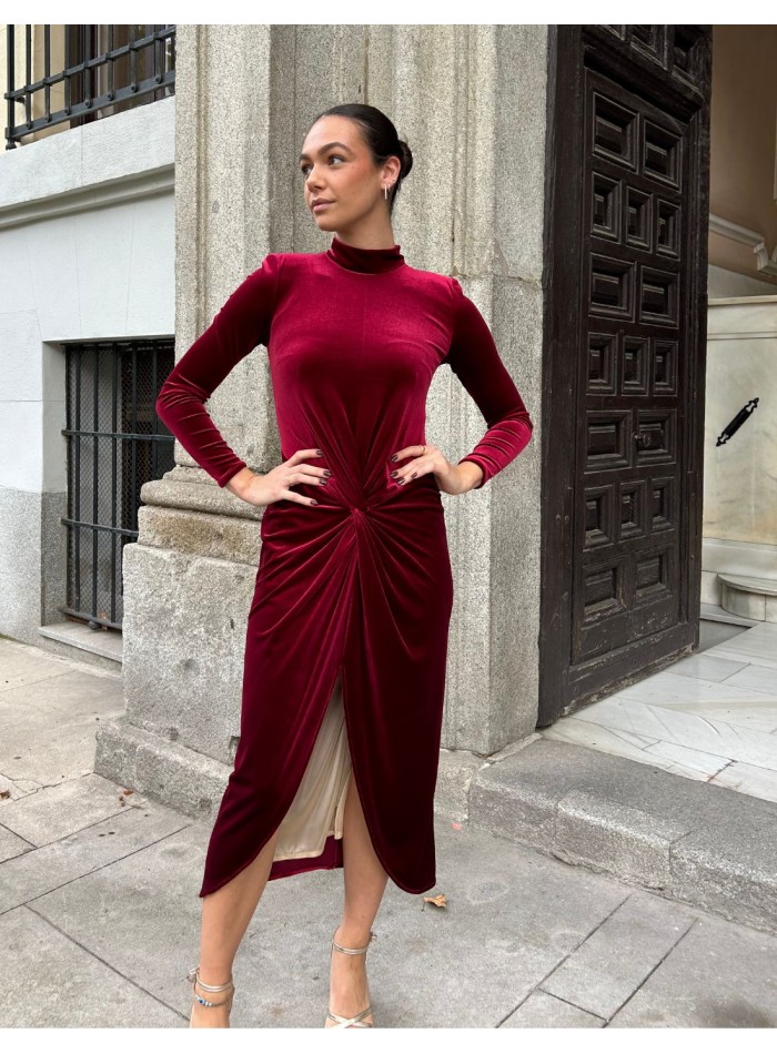 Robe de soirée midi en velours lie-de-vin avec nœud central