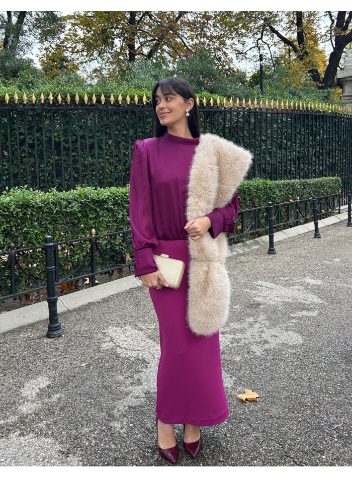 Vestido de fiesta midi con blusa de bambula y falda tubo de punto