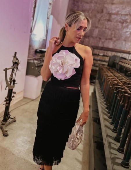 Black crop party top with maxi flower in the center