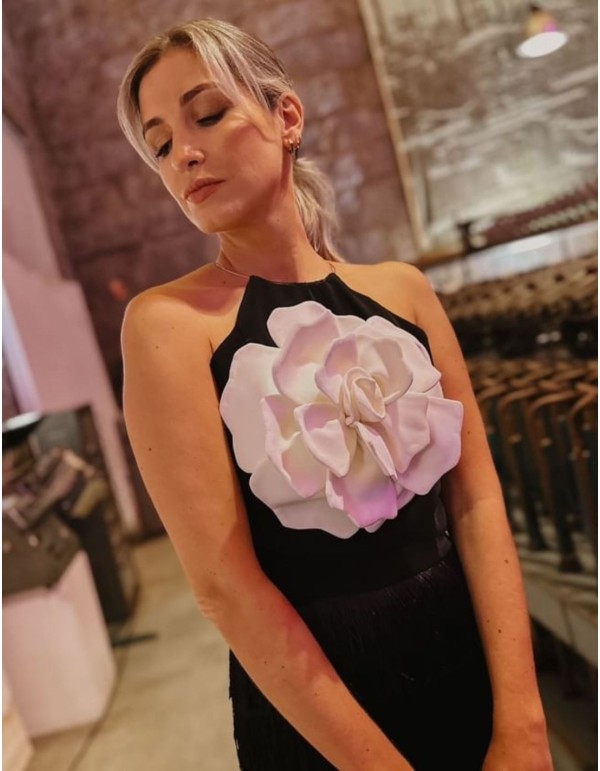 Black crop party top with maxi flower in the center