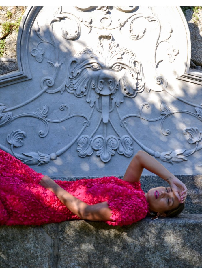 Robe de soirée midi fuchsia avec fleurs et...